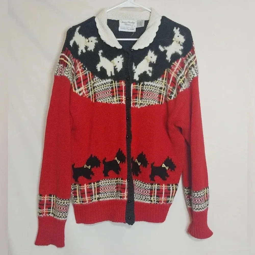 Marisa Christina Hand Knitted Vintage 80's Scottie Cardigan, Size XL